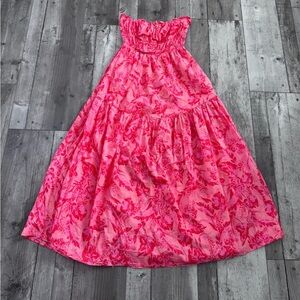 Oliviaceous Women's Pink Floral Tiered Strapless Midi Dress Small